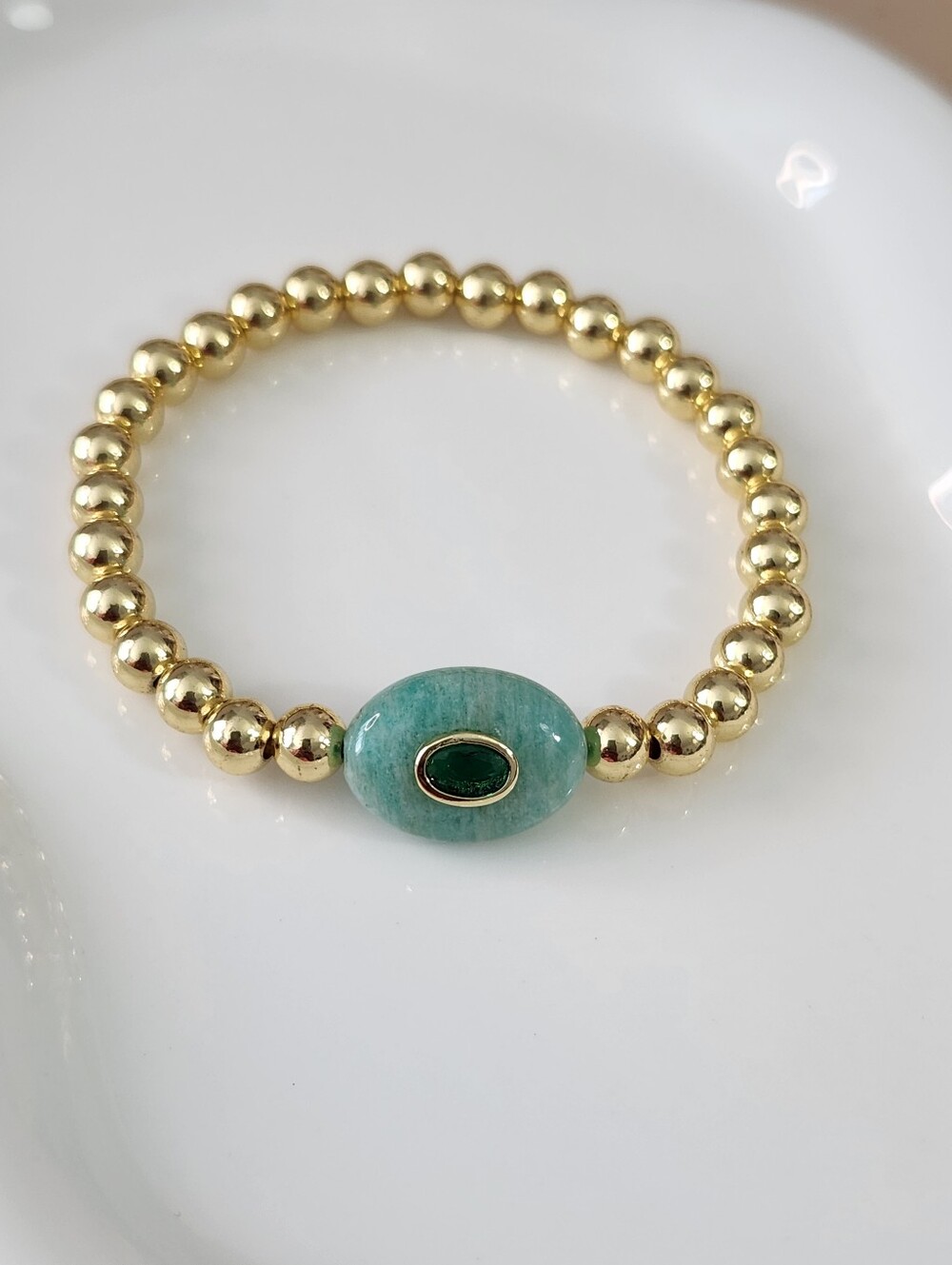 14k Gold Plated Amazonite Stretchy Beaded Bracelet